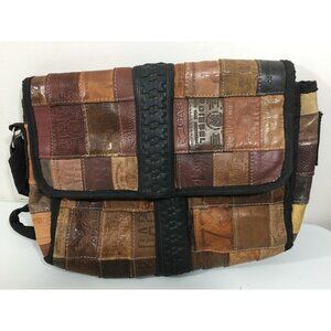 RETRO  JEAN LABEL LEATHER PATCHWORK SATCHEL SHOULDER BAG 12" H X 12.5" W 3.5"